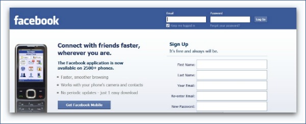 Facebook log in page Facebook log in page